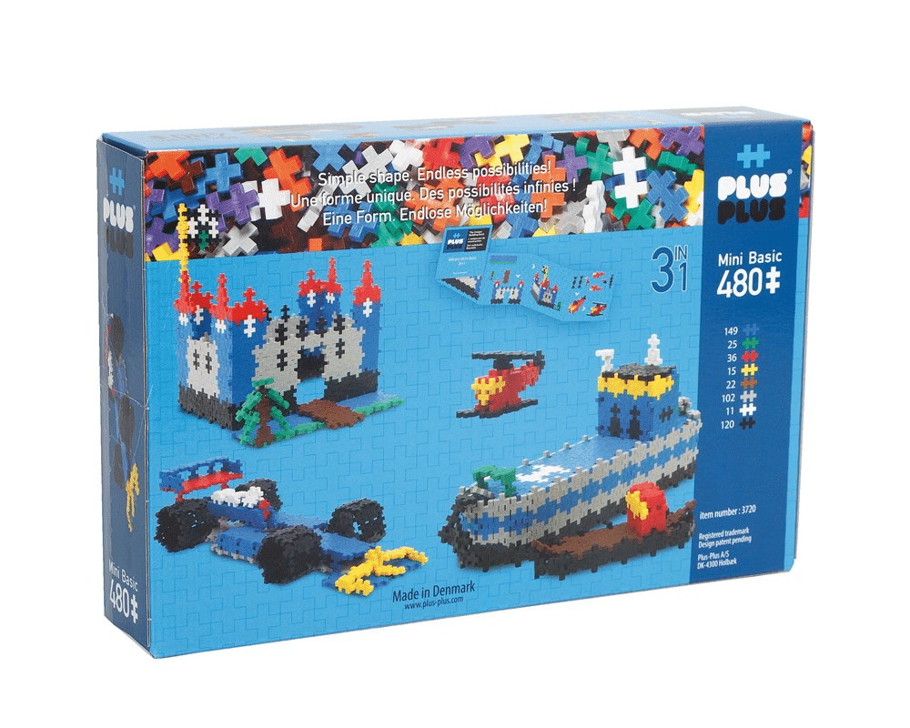 Plus-Plus Basic 480-piece 3-in-1 mini build set box with colorful block artwork