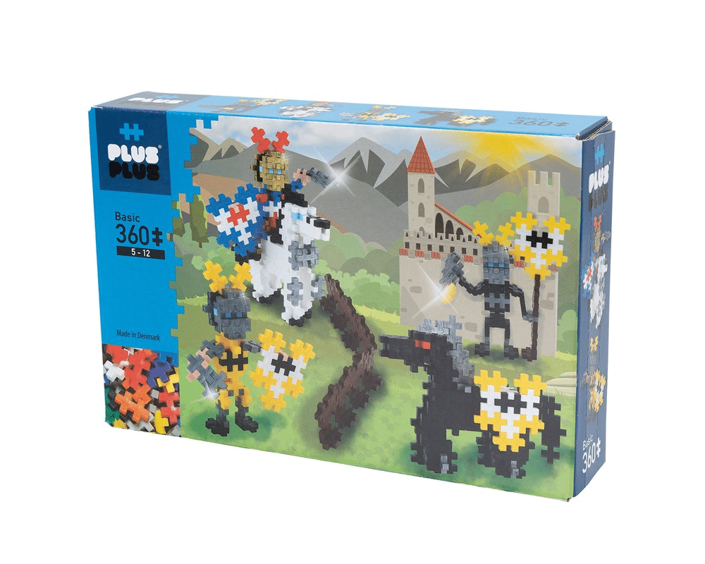 Plus-Plus knights building block set box with castle and two knight figures, 360 pieces