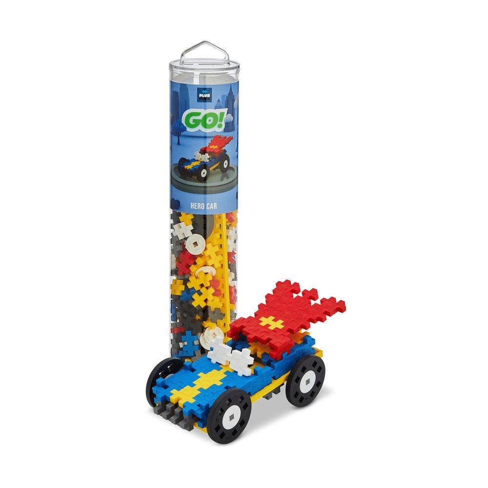 Building block tube with assembled colorful hero car and loose pieces