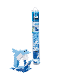 Blue and white dolphin-shaped building blocks in tube