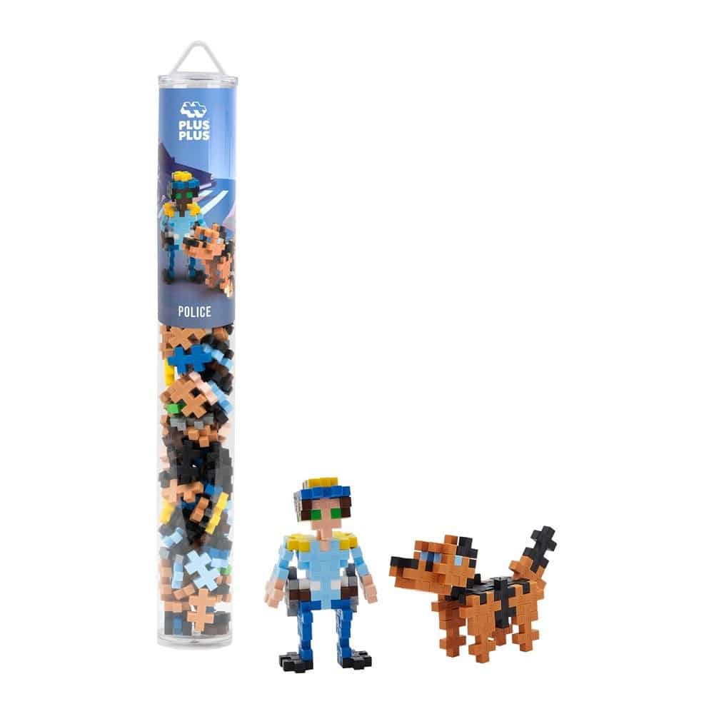 Plus-Plus Police building tube with mini police figure and interlocking blocks