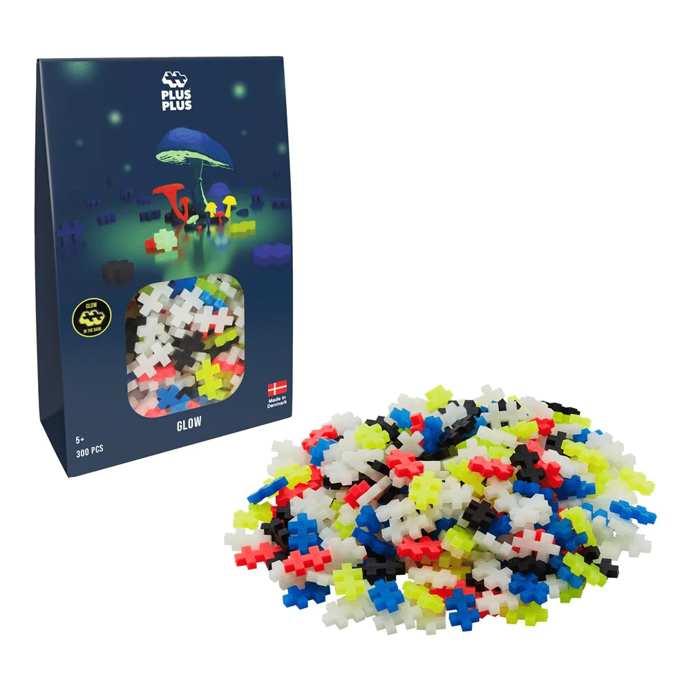 Plus-Plus Glow Mix 300-piece building set box with loose multicolor glow blocks
