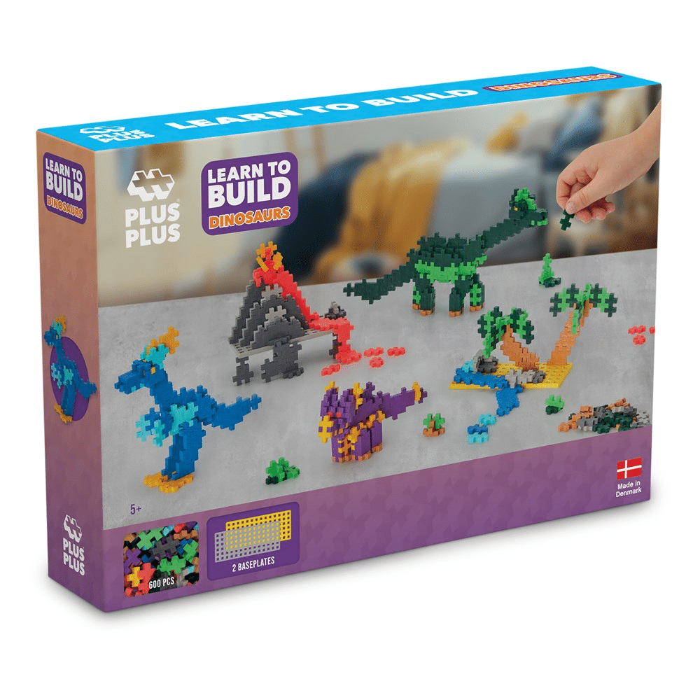 Dinosaurs building set box with Learn To Build graphic and colorful Plus-Plus pieces