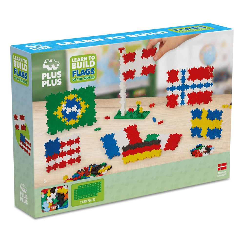 Flags of the World building set box with colorful brick flag designs and stand piece