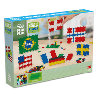 Flags of the World building set box with colorful brick flag designs and stand piece