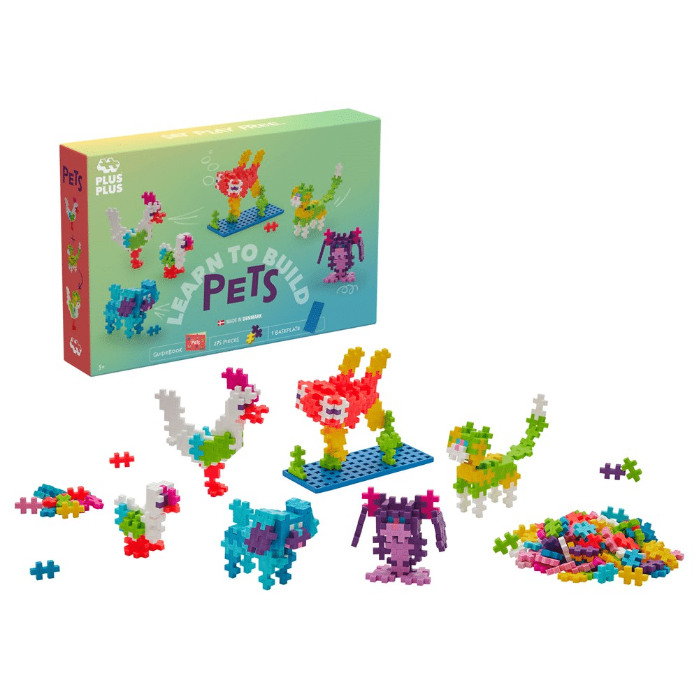 Colorful Plus-Plus buildable pet figures made from small interlocking plastic pieces