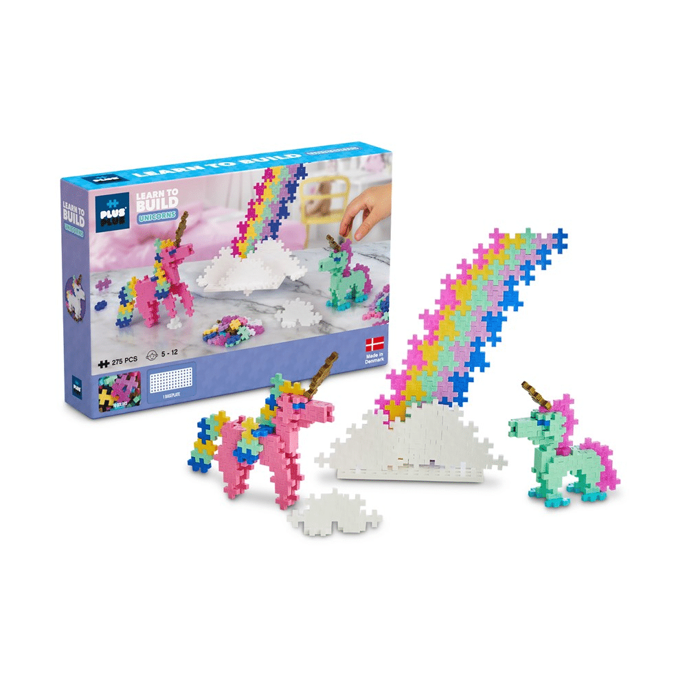 Unicorn building set with colorful Plus-Plus interlocking blocks and box