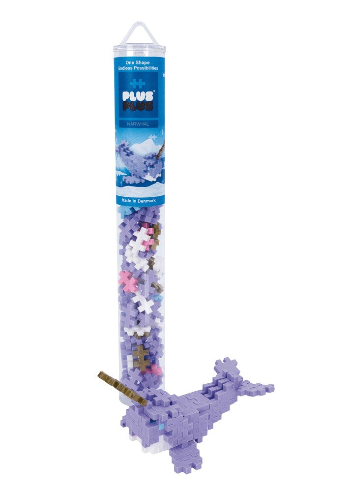Plus-Plus narwhale building set tube with lavender interlocking pieces