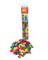 Clear tube of Plus-Plus neon multicolor building pieces with loose pieces