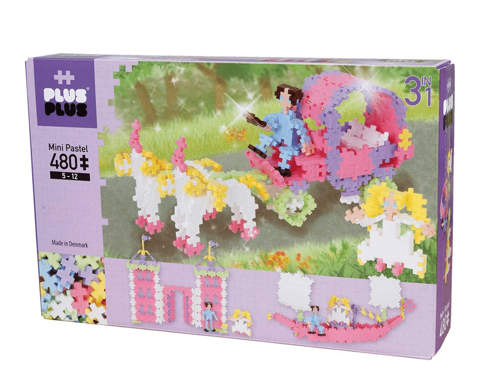 Plus-Plus pastel 480-piece building set box with 3in1 princess figures and pieces