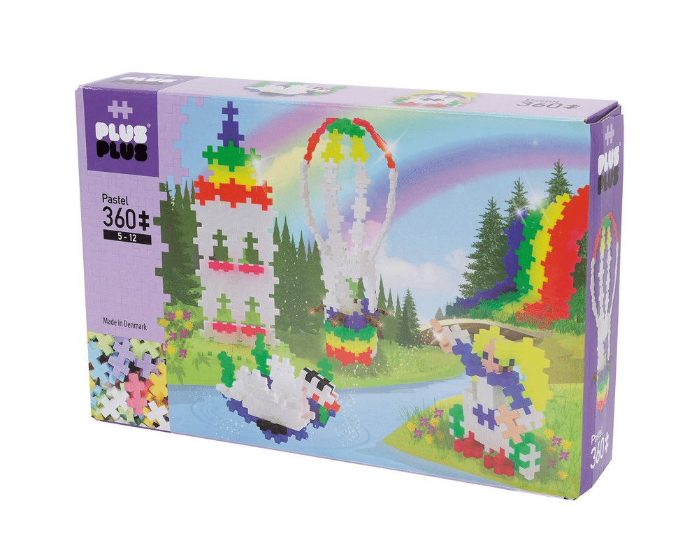 Plus-Plus pastel hot air balloon building set box with rainbow balloon graphics