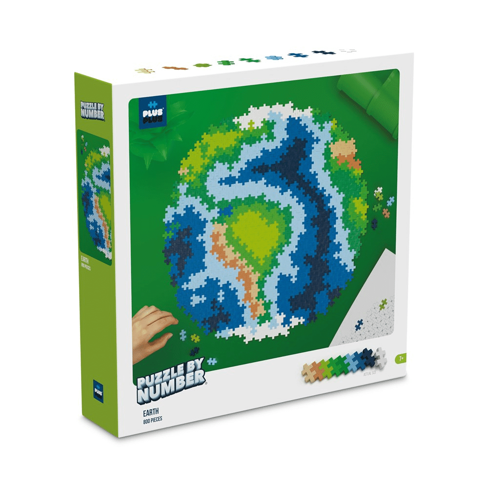 Plus-Plus Earth 800-piece puzzle by number mosaic kit, box front with artwork preview
