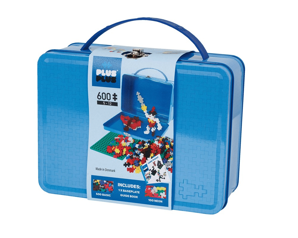 Plus-Plus blue building block suitcase with handle, front window shows colorful pieces