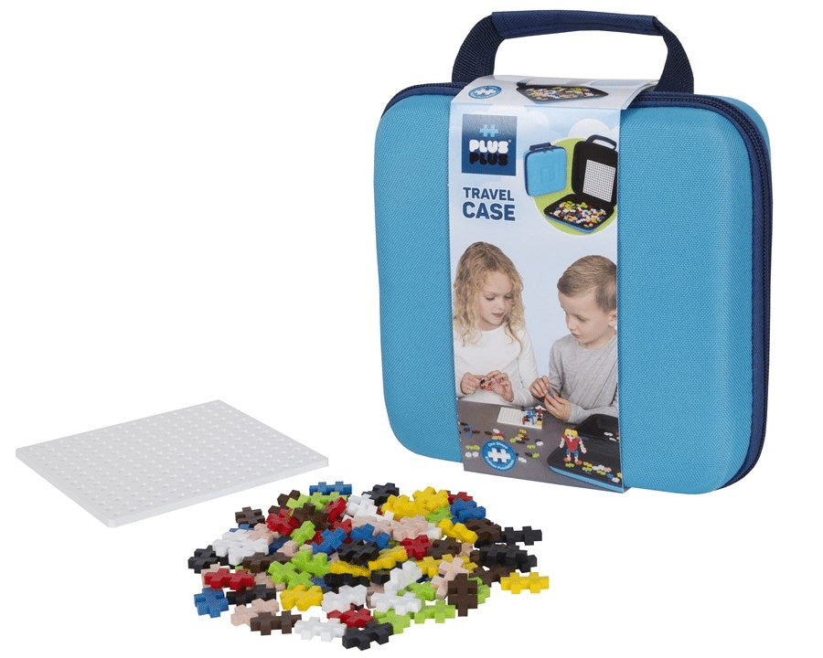 Blue travel case with handle, open top, tray and multicolor puzzle pieces inside
