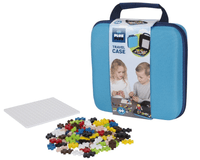Blue travel case with handle, open top, tray and multicolor puzzle pieces inside
