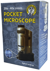 Pocket zoom microscope box, blue with black details and sample device illustration.