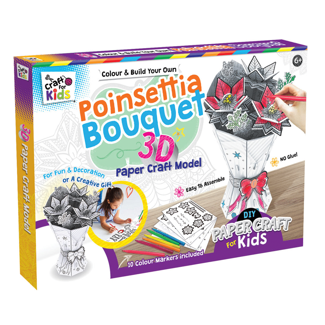 Poinsettia bouquet 3D paper craft kit in retail box, DIY for kids