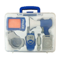 Police toy kit in clear hard case with blue handle, megaphone, badge, cuffs