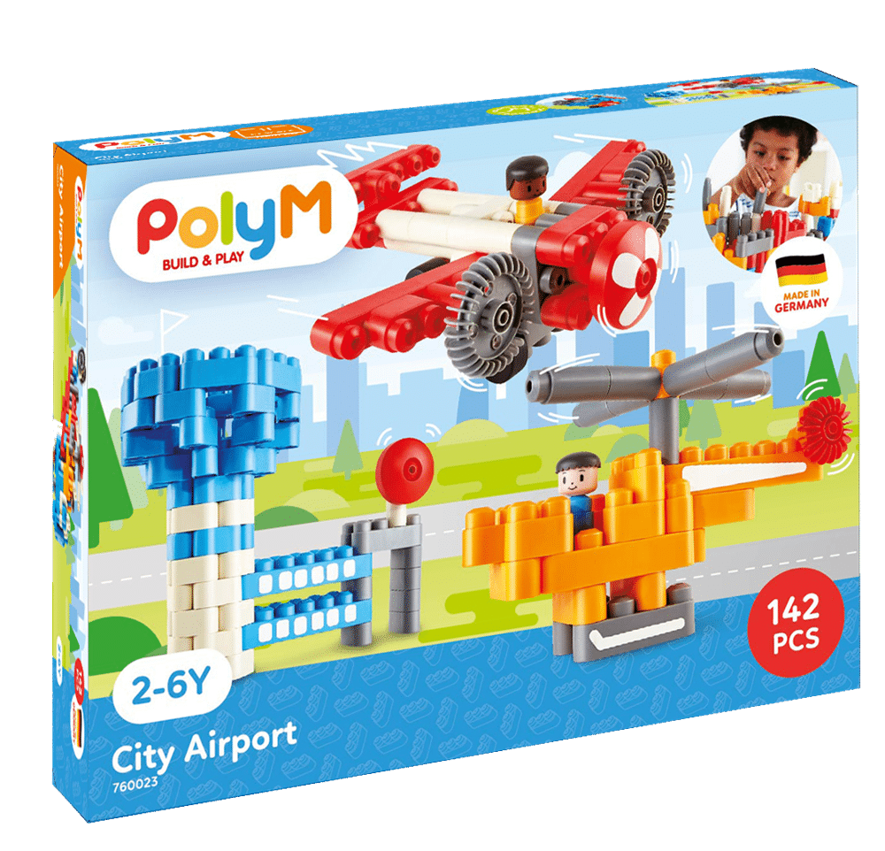 PolyM City Airport building kit box, 142-piece colorful construction set