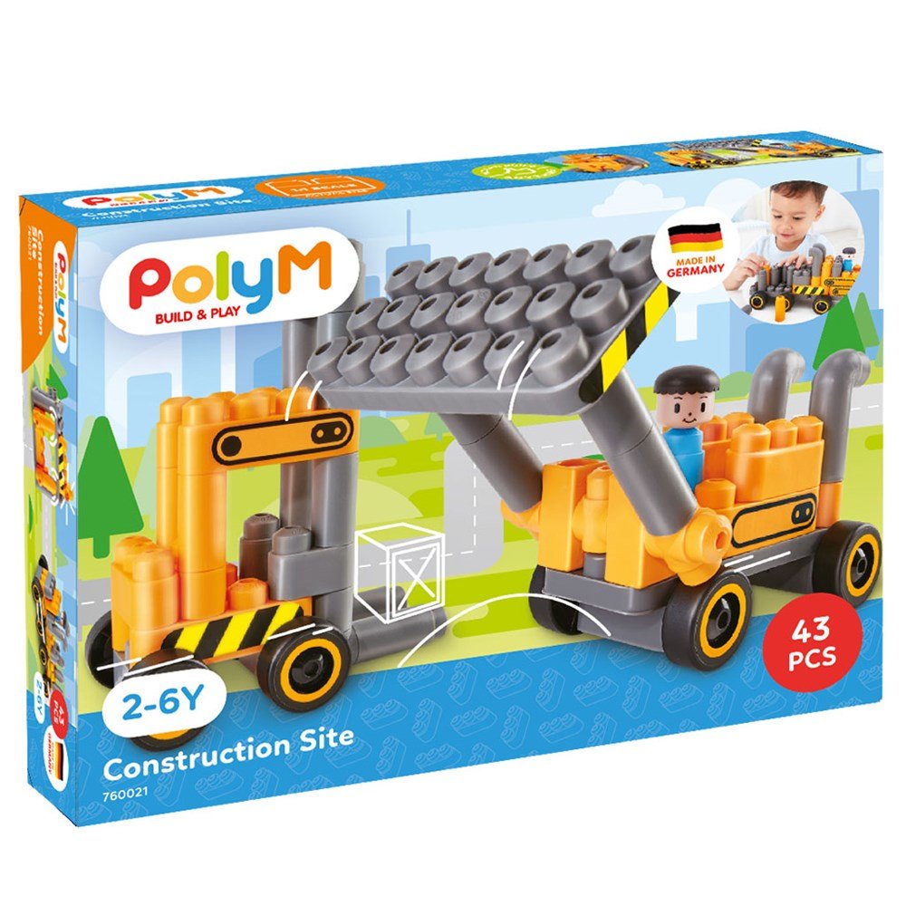 Poly M construction site building kit box with toy excavator and dump truck