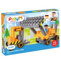 Poly M construction site building kit box with toy excavator and dump truck