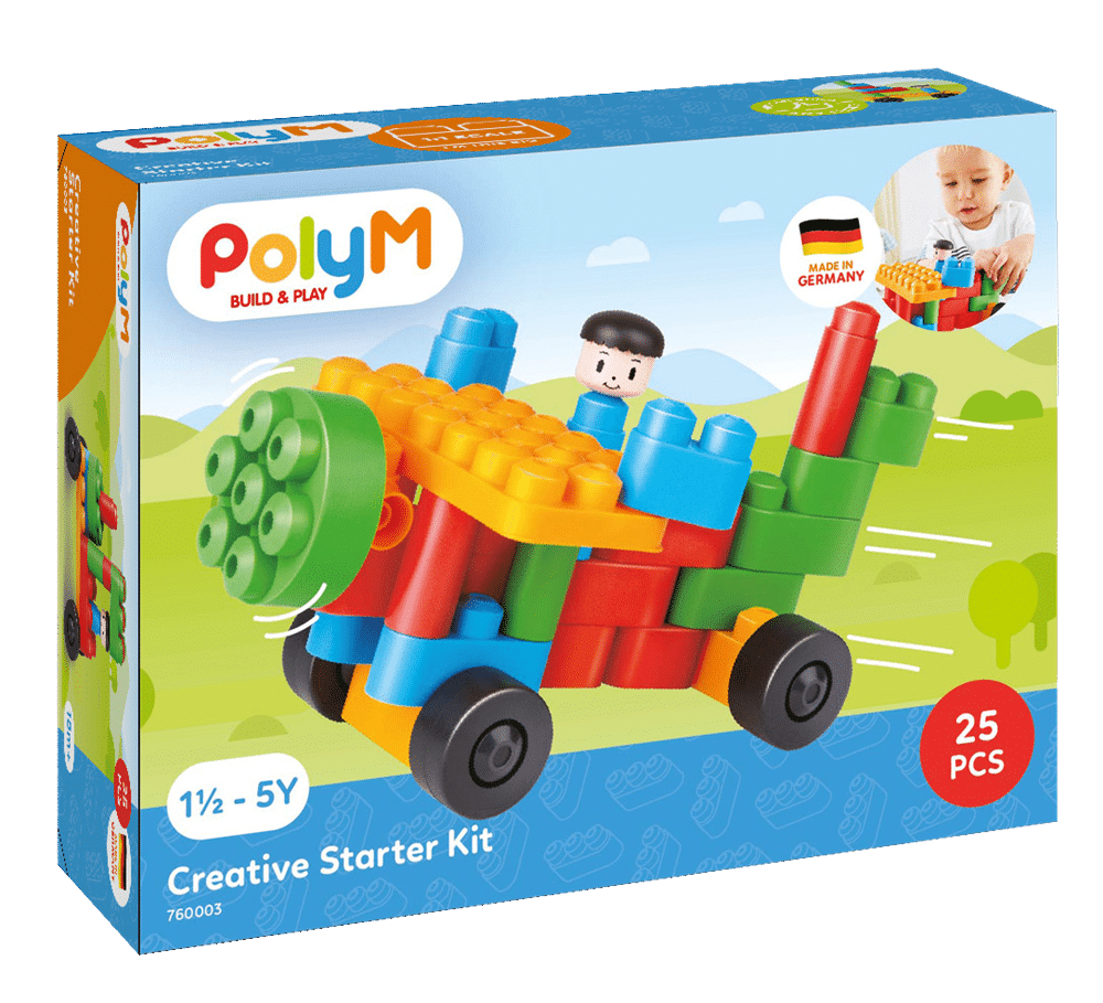 Colorful building blocks starter kit box with 25 pieces and toy vehicle design