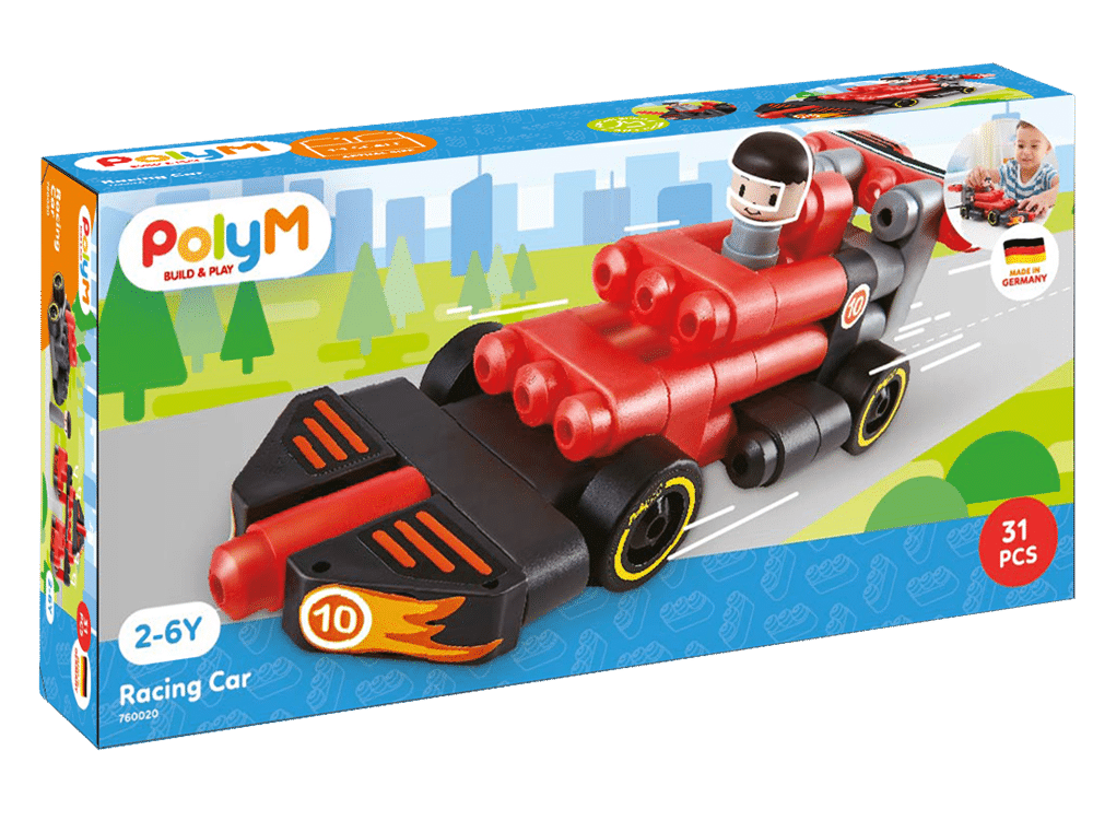 Racing car building kit box with red toy car and 31 pieces