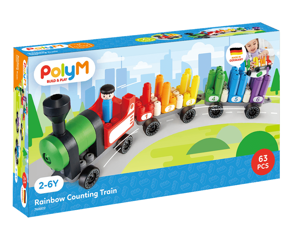 Rainbow counting train kit with multi-color train cars and numbered pieces, 63-count set