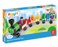 Rainbow counting train kit with multi-color train cars and numbered pieces, 63-count set