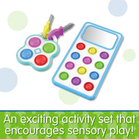 Colorful phone keypad toy with sliding keys and blue frame, for sensory play