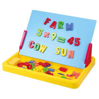 Portable magnetic drawing board with blue panel, yellow tray, and colorful letter magnets