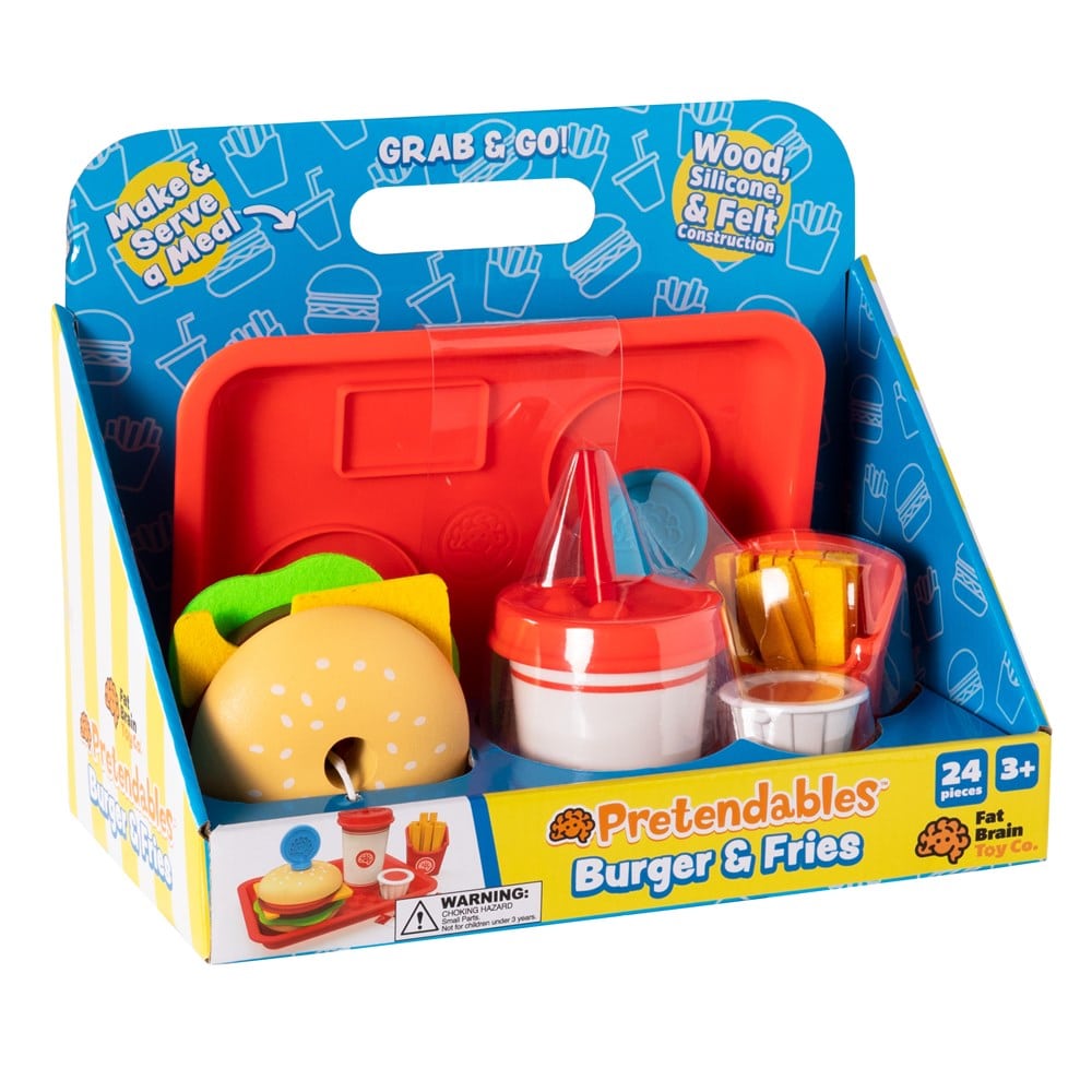 Pretend burger and fries toy set in retail box with molded tray contents
