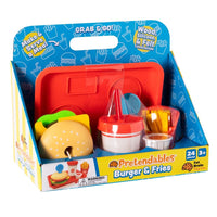 Pretend burger and fries toy set in retail box with molded tray contents