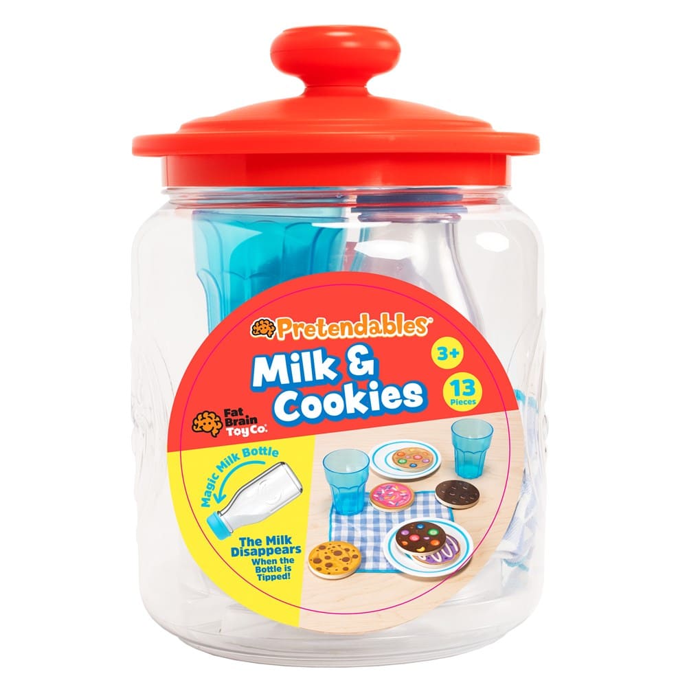 Pretendable milk & cookies play set with clear jar, red lid, and illustrated food pieces