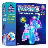 Prismic unicorn 3D puzzle lantern kit box with assembled glowing lantern shown