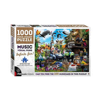 1000-piece music jigsaw puzzle box with colorful illustrated musicians scene