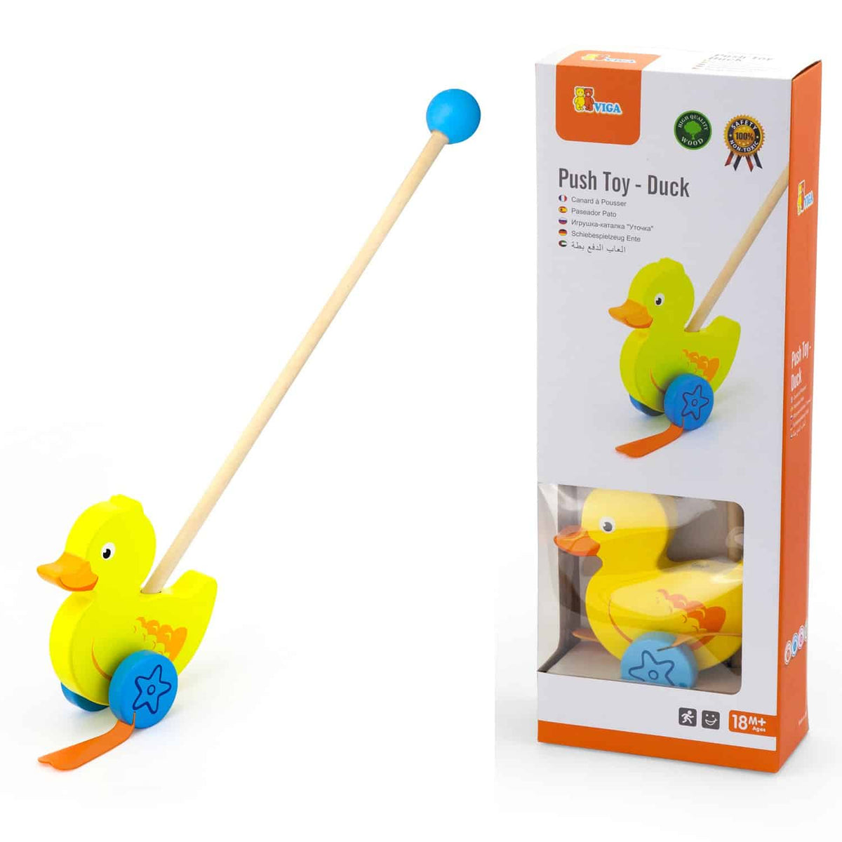 Yellow duck push toy with wooden handle, blue wheel and star button (boxed)