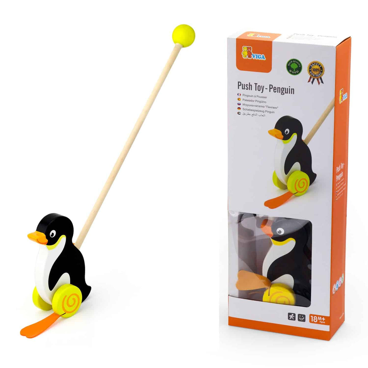 Penguin push toy with wooden handle, black-and-white body, yellow wheels, orange beak