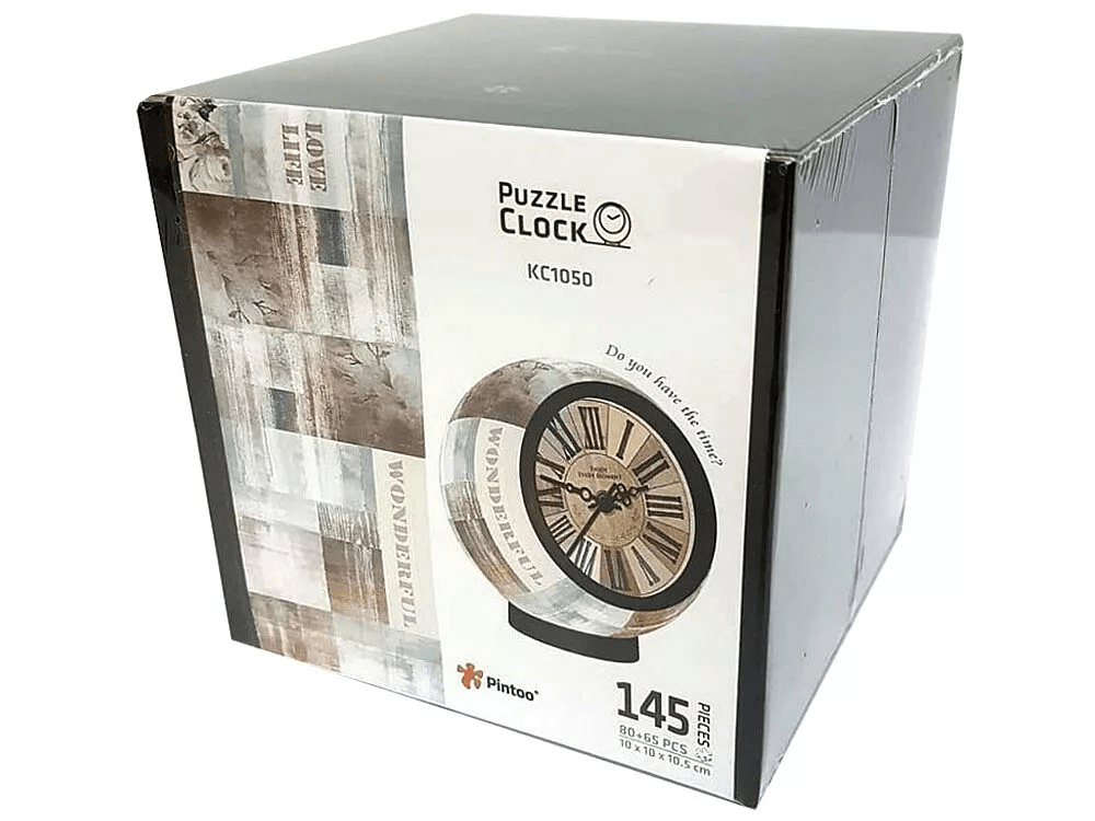 Puzzle clock jigsaw kit box, Country Brown themed packaging with circular clock graphic
