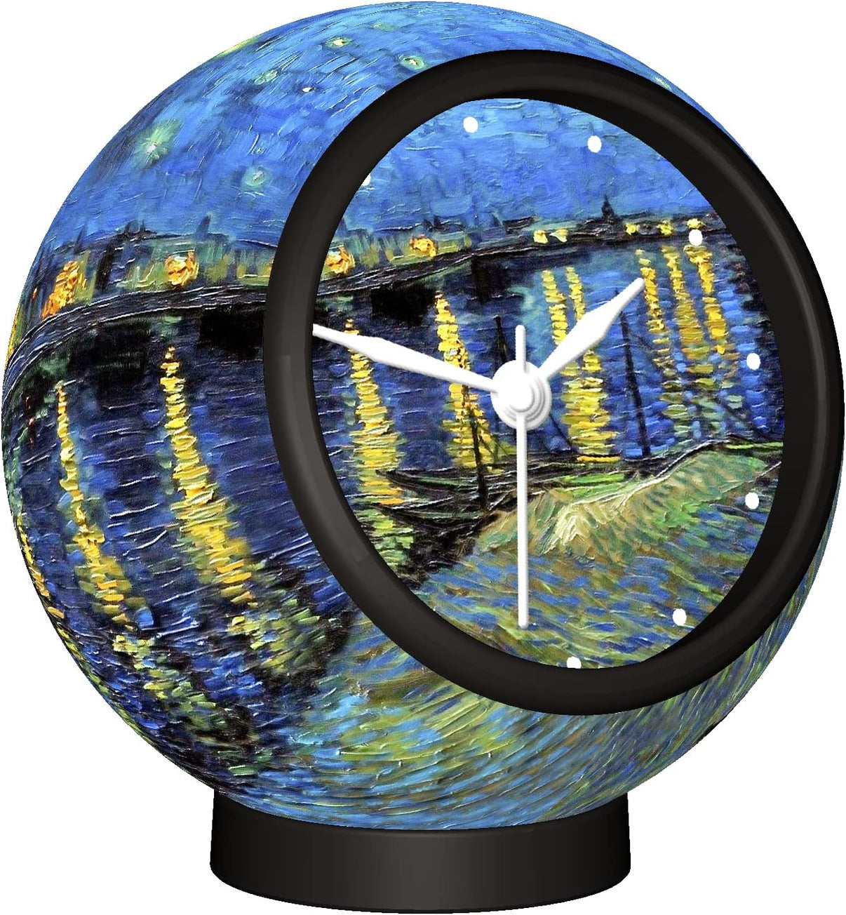 Round puzzle clock with black frame, blue starry river scene, white hands and stand