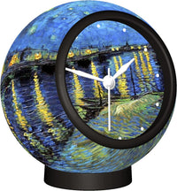 Round puzzle clock with black frame, blue starry river scene, white hands and stand