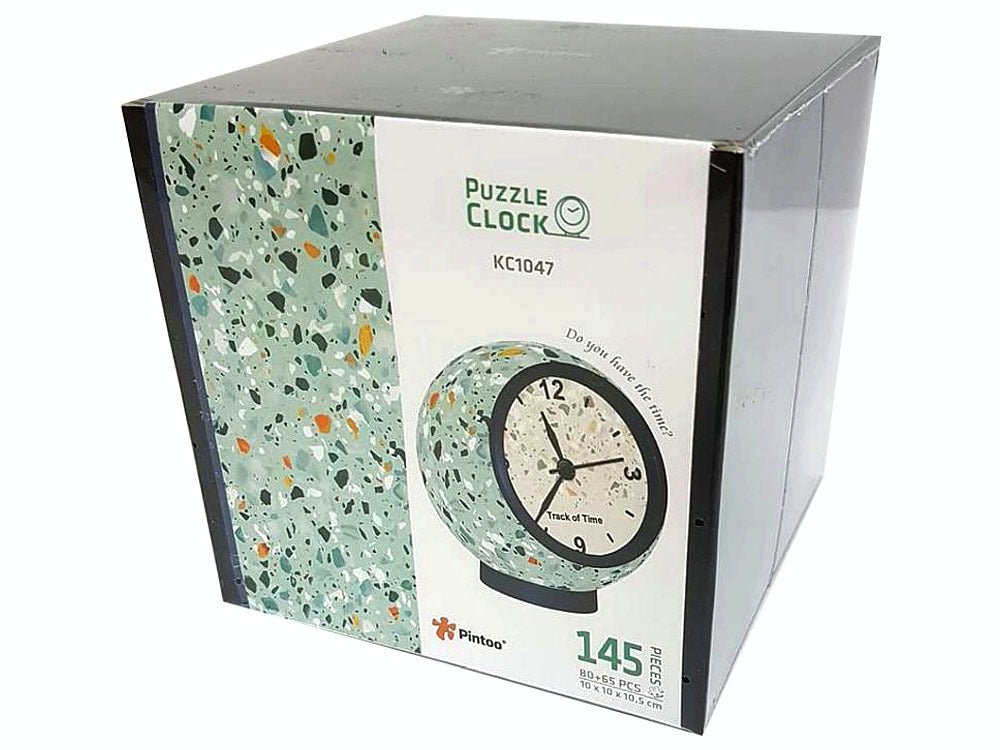 Puzzle clock box with colorful speckle design and round clock graphic
