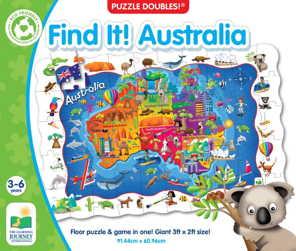 Australia Find It! floor puzzle game with colorful wildlife scene and koala mascot