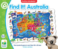 Australia Find It! floor puzzle game with colorful wildlife scene and koala mascot