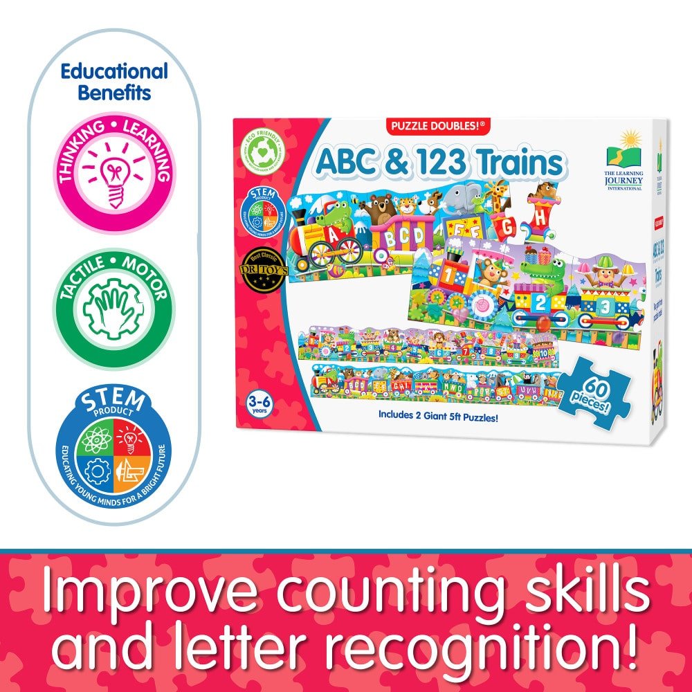 Train-themed floor puzzle box with educational badges