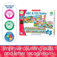 Train-themed floor puzzle box with educational badges