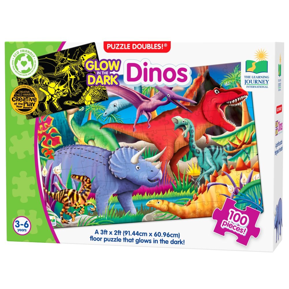 Glow-in-the-dark dinosaur floor puzzle box with 100 pieces, colorful Dino artwork