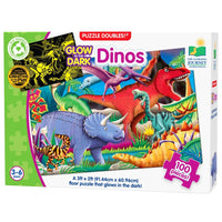 Glow-in-the-dark dinosaur floor puzzle box with 100 pieces, colorful Dino artwork