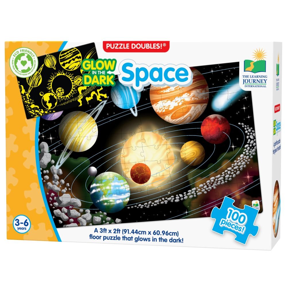Glow-in-the-dark Space puzzle box, 100-piece floor puzzle with planet artwork