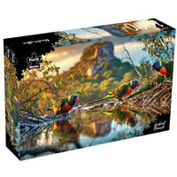 1000-piece jigsaw puzzle box with colorful lorikeet birds on a scenic branch
